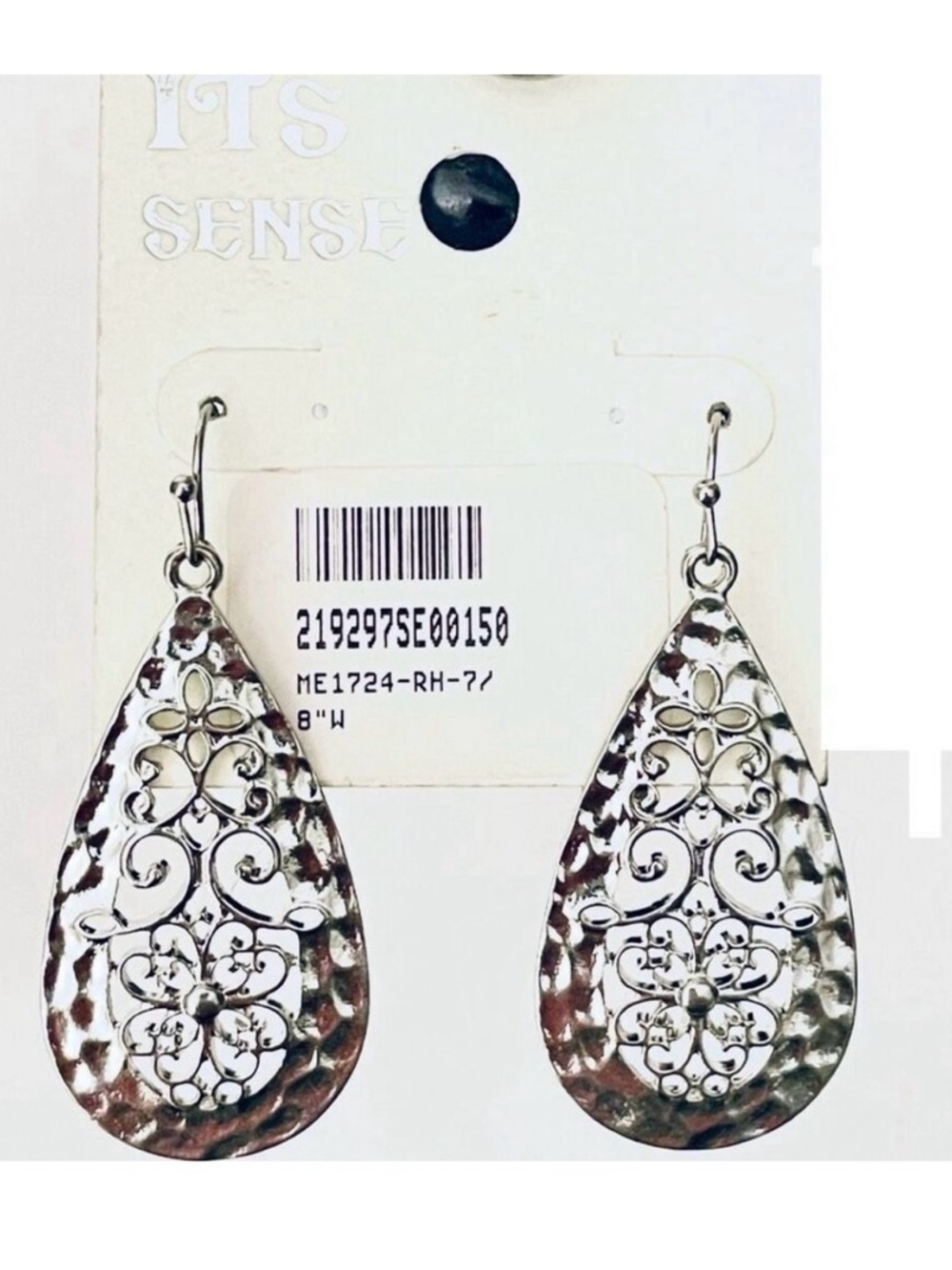 NWT IT’S SENSE Silver Tone Polished Cut Out Teardrop Hammered Drop Earrings